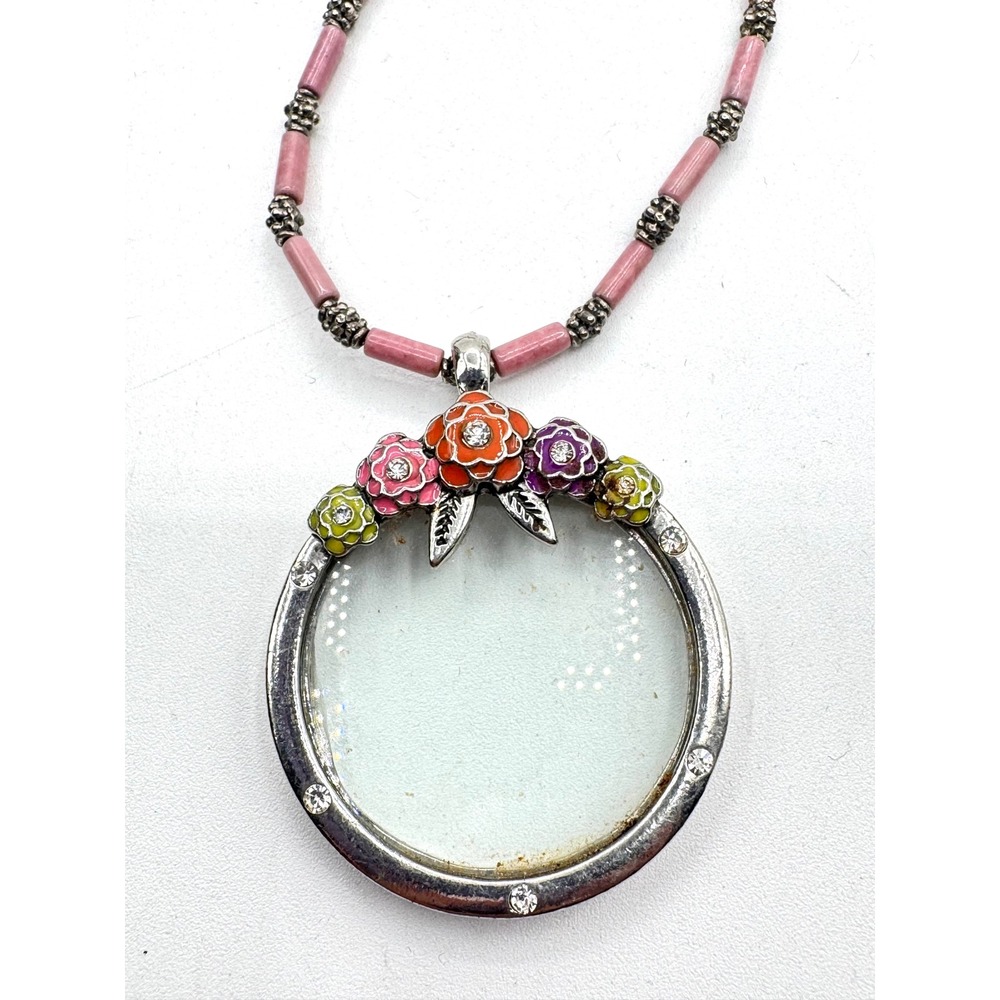 Vintage Floral Magnifying Glass Pendant Necklace Pink Beaded Enamel Rhinestone